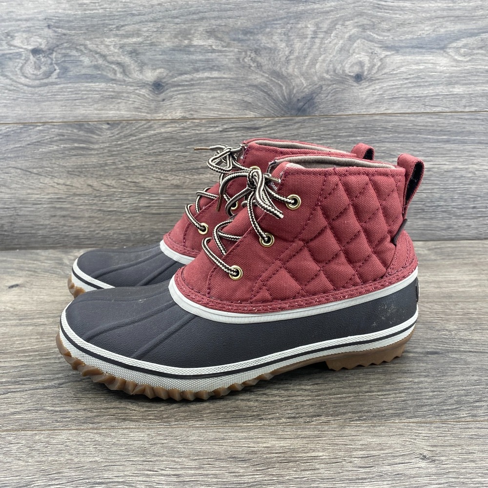 Eddie Bauer Hunter Pac Mid Red Quilted Duck Boot Women's Size 7 Black Coral Pink